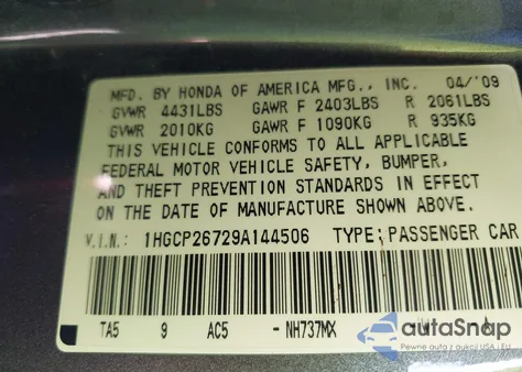 2009 Honda Accord 2.4 Ex from USA, damaged, VIN 1HGCP26729A144506